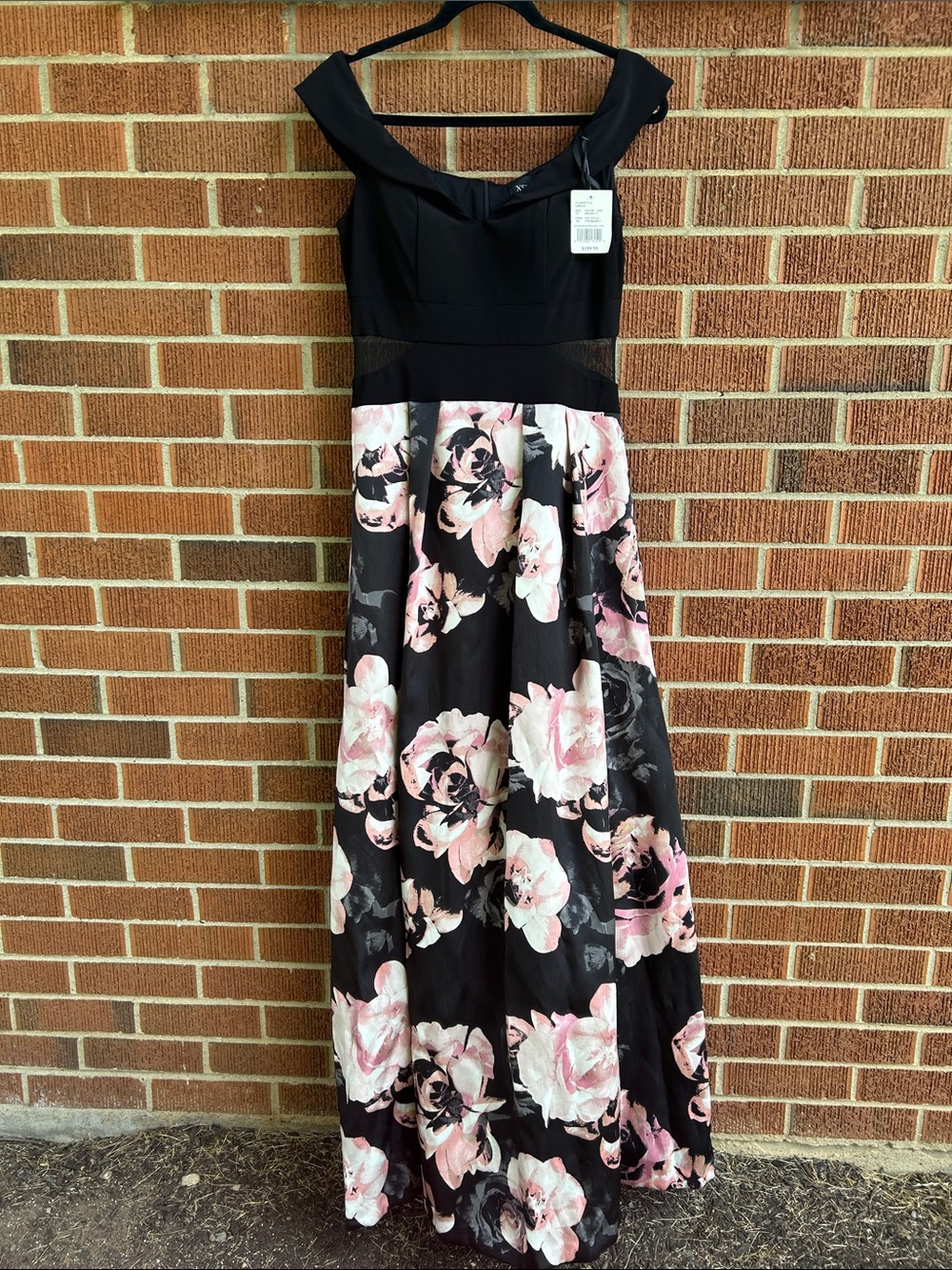 Formal Black & Pink Floral Off-Shoulder Maxi Dress
